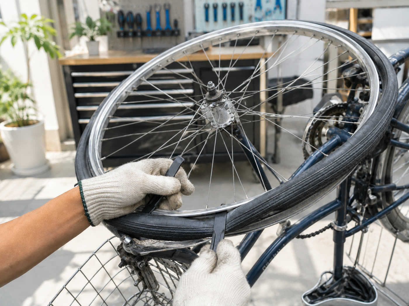 自転車のタイヤとチューブを交換する修理作業