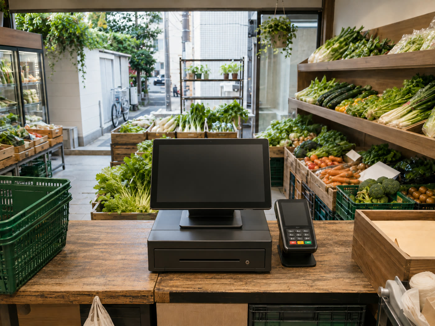 レジ台から見た店内。緑のかごと、奥に並ぶ野菜の平台