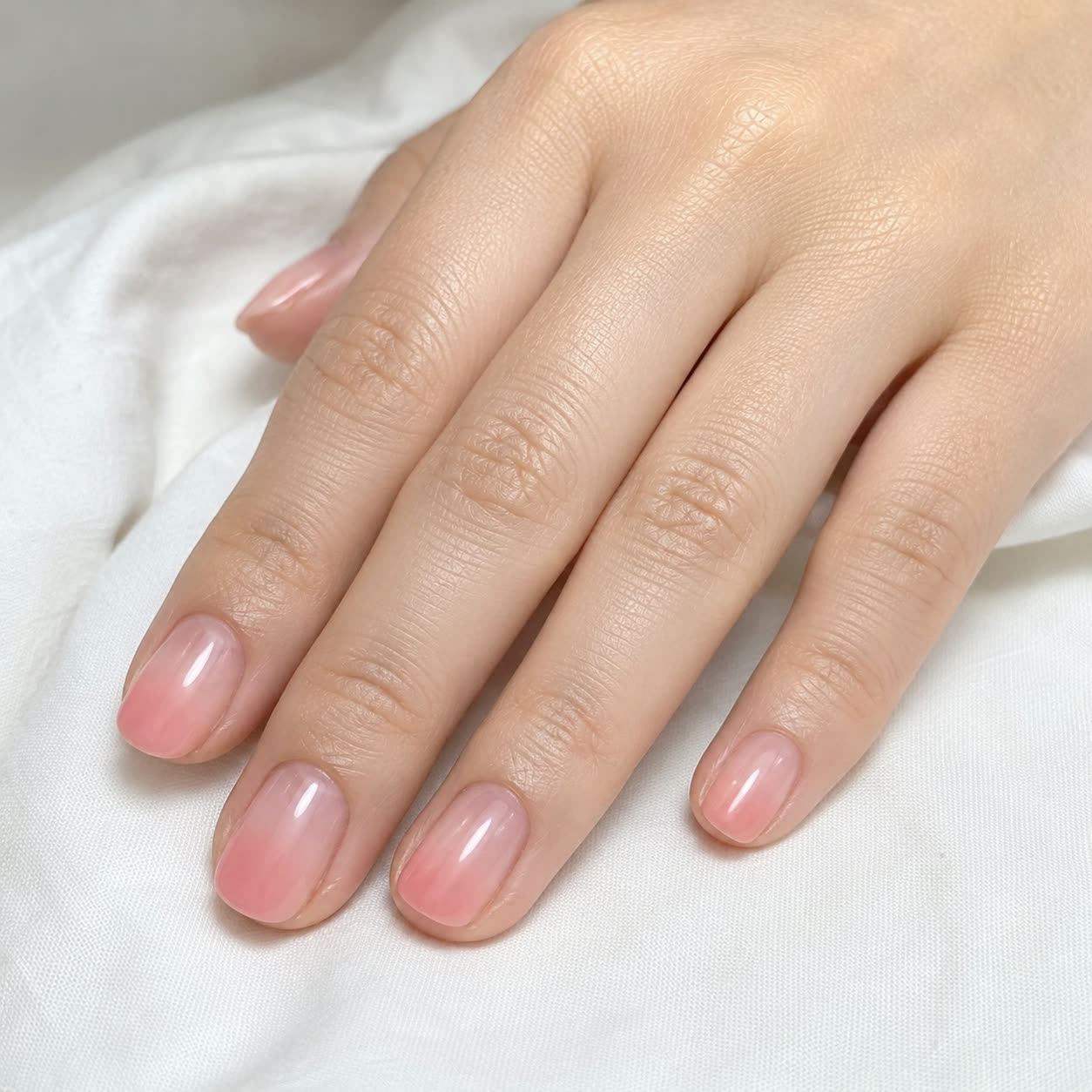 淡いピンクのグラデーションネイルを施した手元